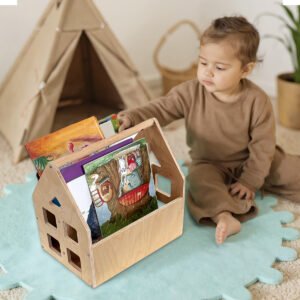 Toddler Bookshelf Double-Sided with 2 Tier Wooden Montessori Book Rack for Baby Nursery Room, Bedroom Bookcase Storage Organizer