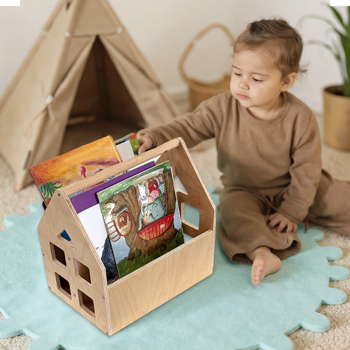 Toddler Bookshelf Double-Sided with 2 Tier Wooden Montessori Book Rack for Baby Nursery Room, Bedroom Bookcase Storage Organizer